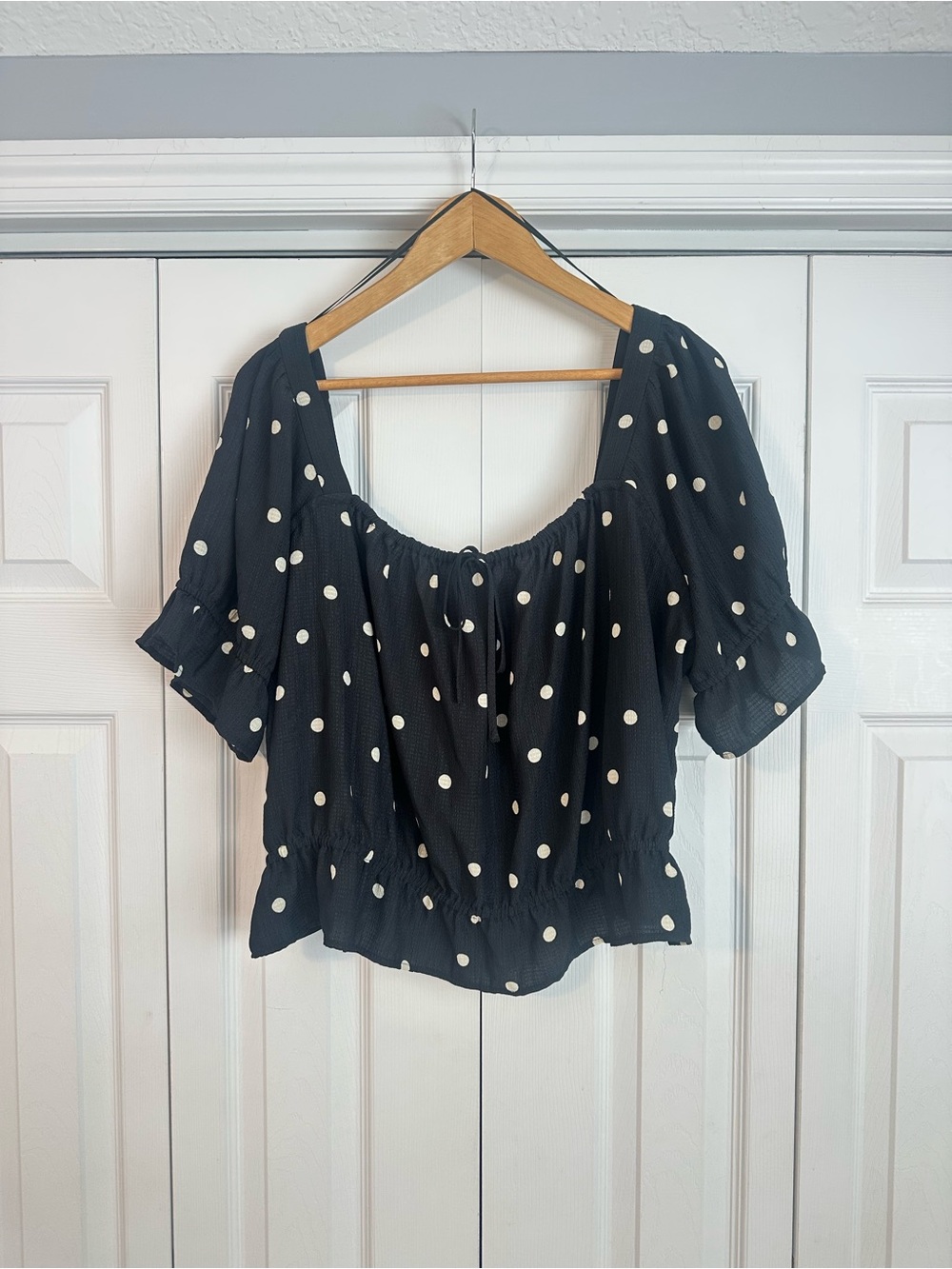 Black Polka Dot Peasant Top - Women's Stylish Blouse XXL
